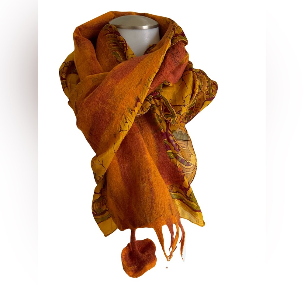 Stunning Stylish Orange Patterned Nuno Felted Merino Wool and Silk Women's Scarf
